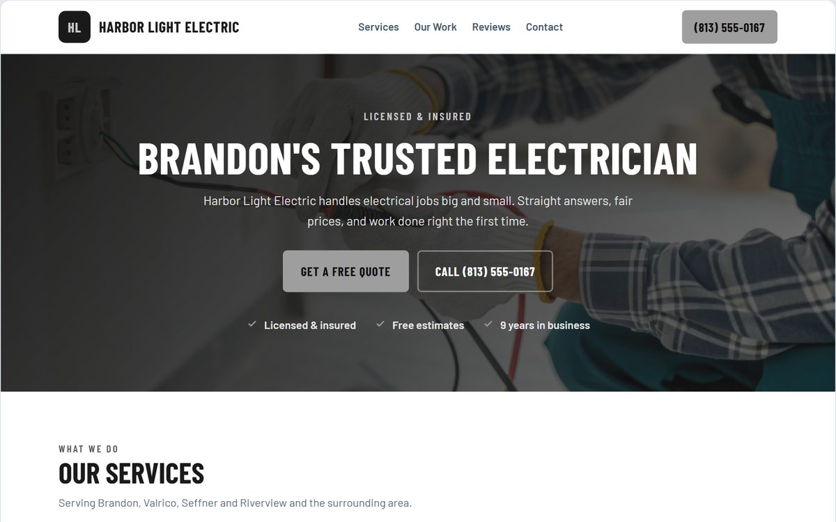 Harbor Light Electric demo website, shown on a desktop screen