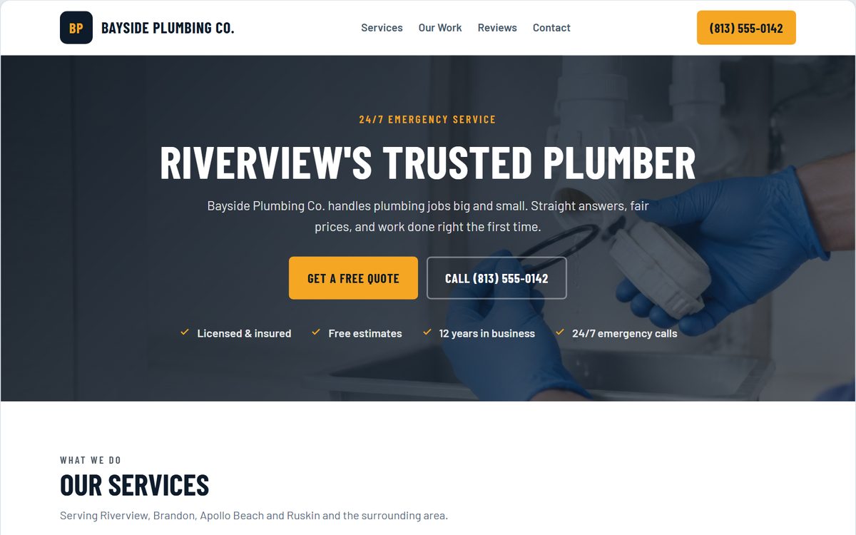 Bayside Plumbing Co. demo website, shown on a desktop screen